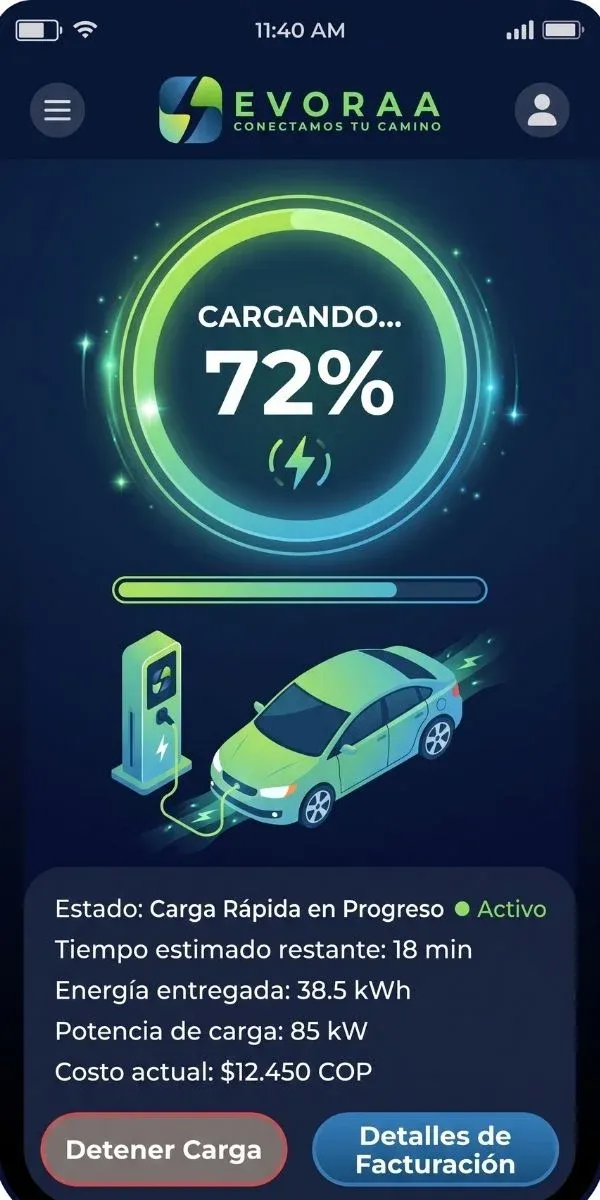 Pantalla de la app EVORAA con el progreso de una carga al 68 %