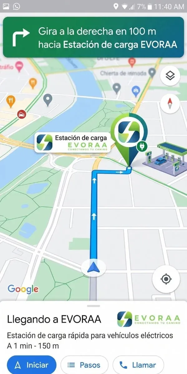 Pantalla de la app EVORAA con el mapa de estaciones cercanas
