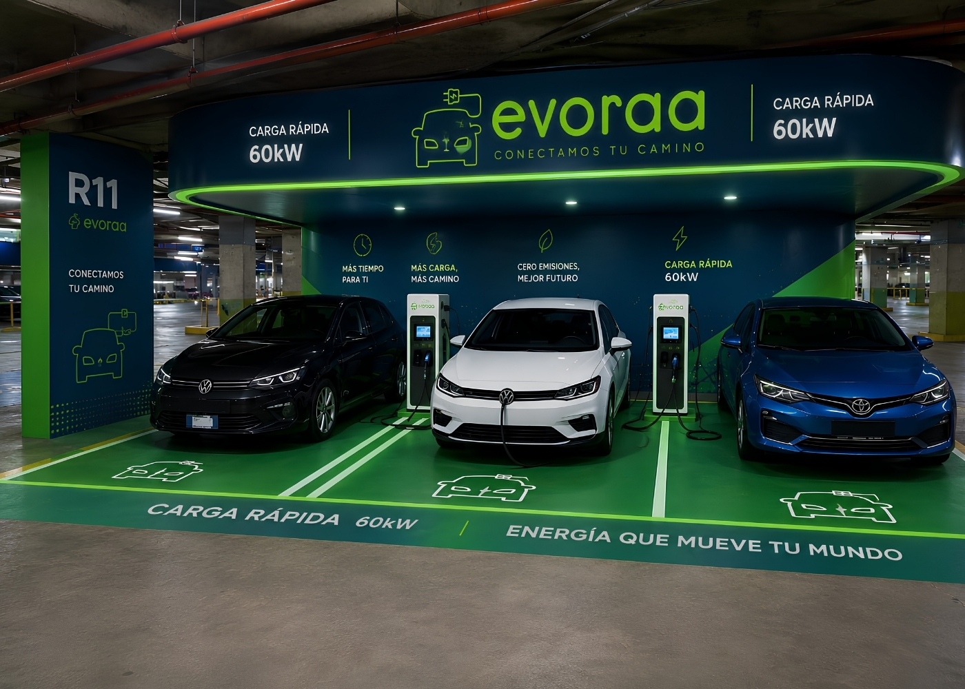 Conductora usando el celular junto a su vehículo eléctrico mientras carga en una estación EVORAA